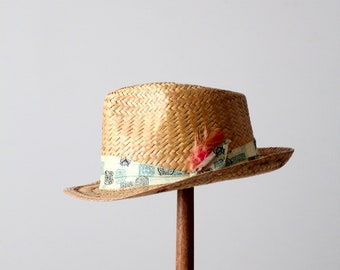 Paul Fredrick Palm Straw and Leather Sun Hat Vintage Straw Style Fedora by Paul Fredrick With Tooled  main image 2