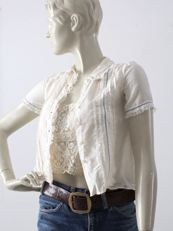 1920s silk blouse, cream pin tuck lace button up … - image 9