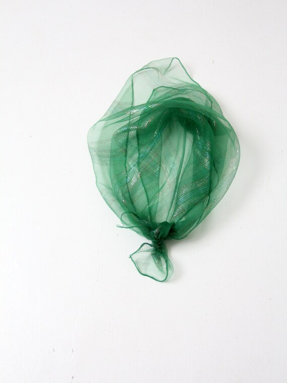 vintage green scarf, metallic striped head scarf