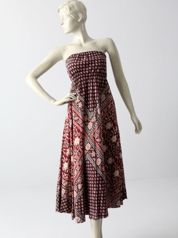 70s boho dress, strapless block print dress, hippi