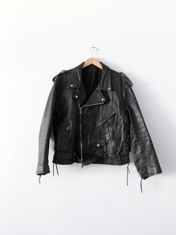 1970s motorcycle jacket, vintage black leather ja… - image 1