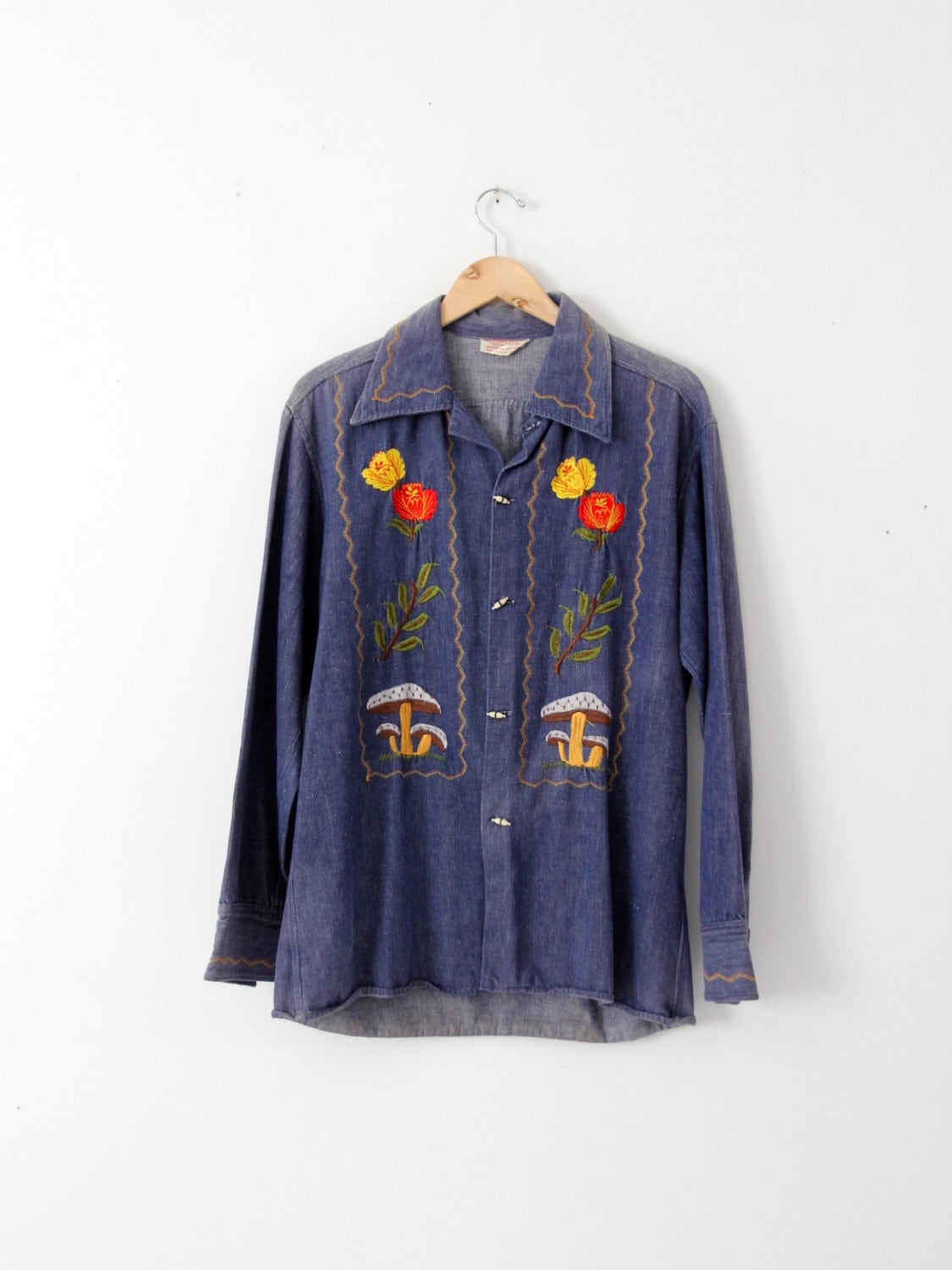 Vintage 70s Embroidered Denim Shirt - Etsy Vintage 70s Embroidered Denim Shirt - Etsy