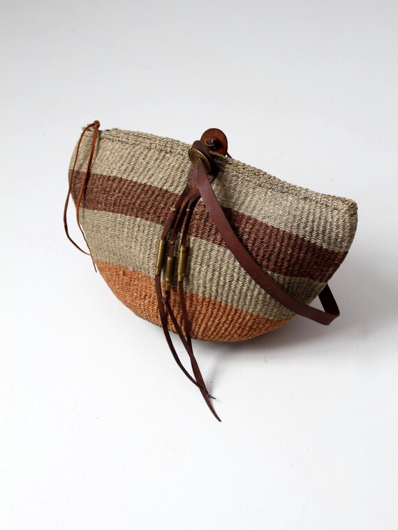 sisal tote, jute and leather market bag, basket ba