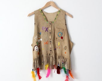 vintage painted leather vest with feathers, boho vest
