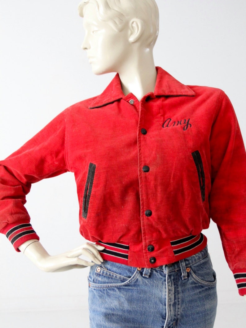 1980s soccer jacket, vintage red corduroy coat, school sport jacket image 3