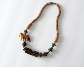 vintage lion chunky wood bead necklace