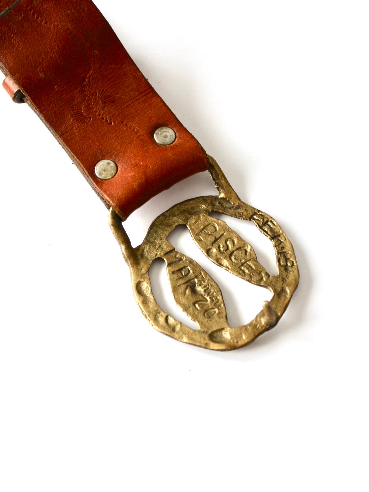 1970s Pisces Zodiac Buckle Hippie Belt, Tooled Leather Belt  display picture 1