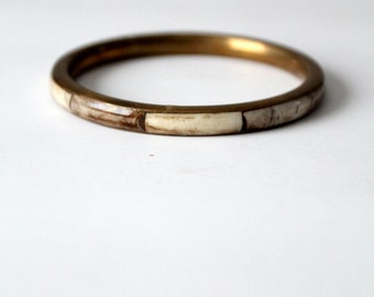 vintage brass and bone inlay bangle bracelet