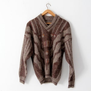 vintage men&#39;s pullover sweater with shawl collar, geometric pattern mohair sweater