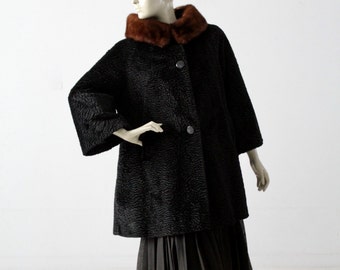 1960s faux fur swing coat, black persian lamb fur coat with mink collar