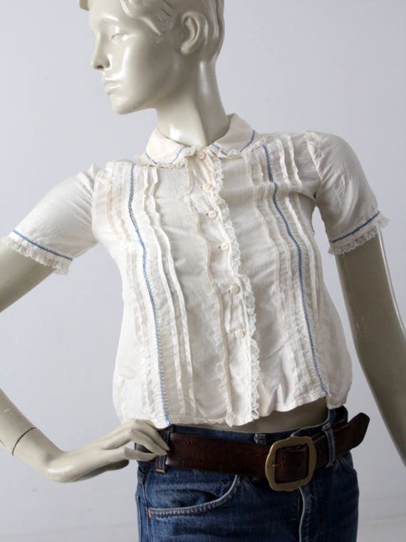 1920s silk blouse, cream pin tuck lace button up … - image 10