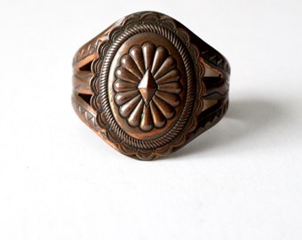 vintage copper cuff, southwestern conch style large cuff bracelet