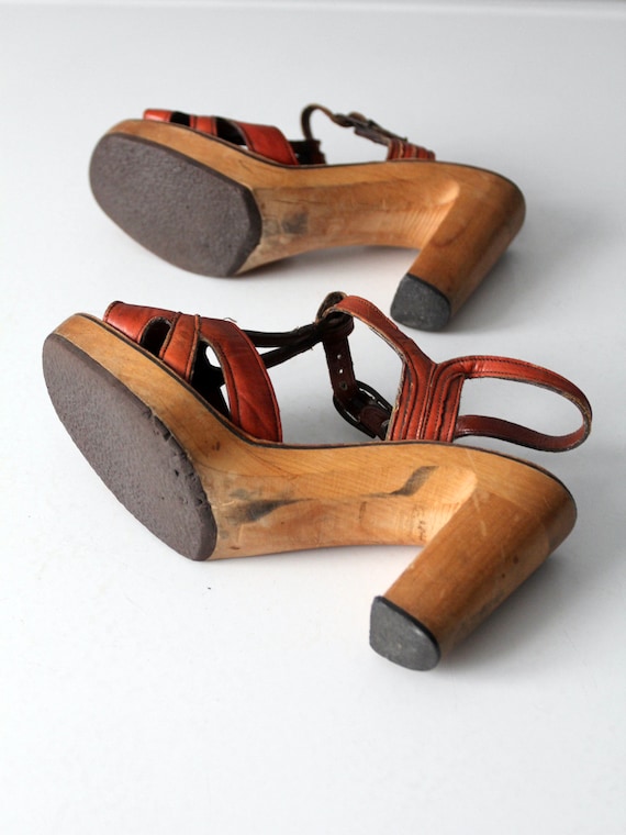 vintage 70s wood platform leather slingback sanda… - image 10