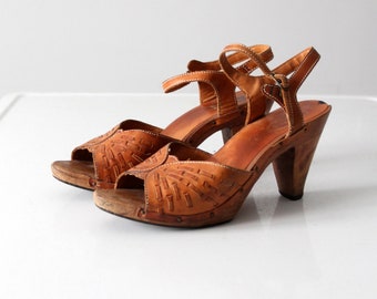 vintage 70s wood leather sandals