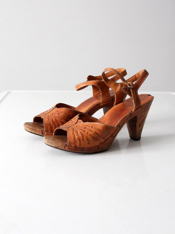 vintage 70s wood leather sandals