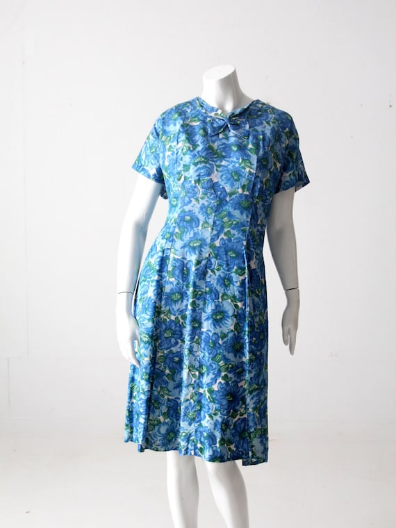 vintage 50s blue floral dress - image 1