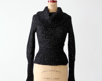 vintage angora cowl neck sweater, black with metallic threading