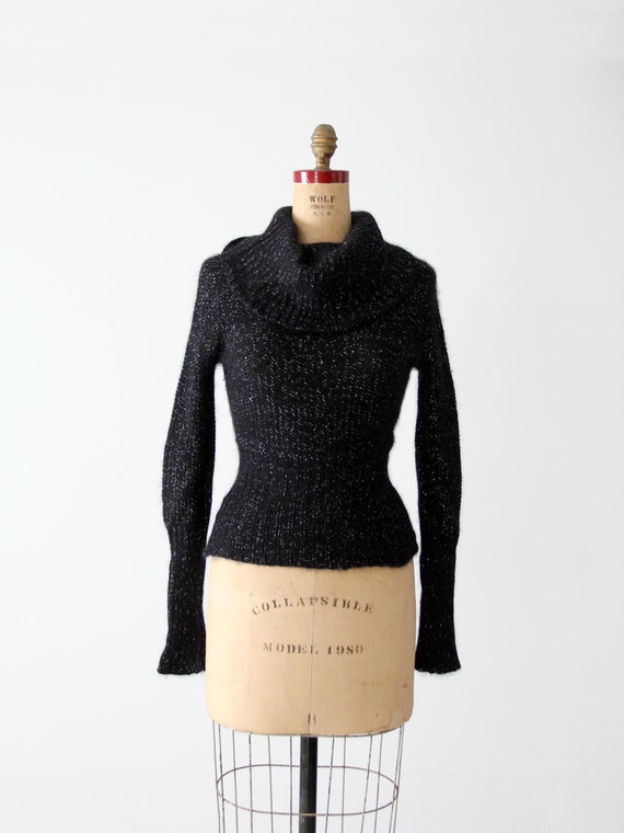 vintage angora cowl neck sweater, black with meta… - image 1