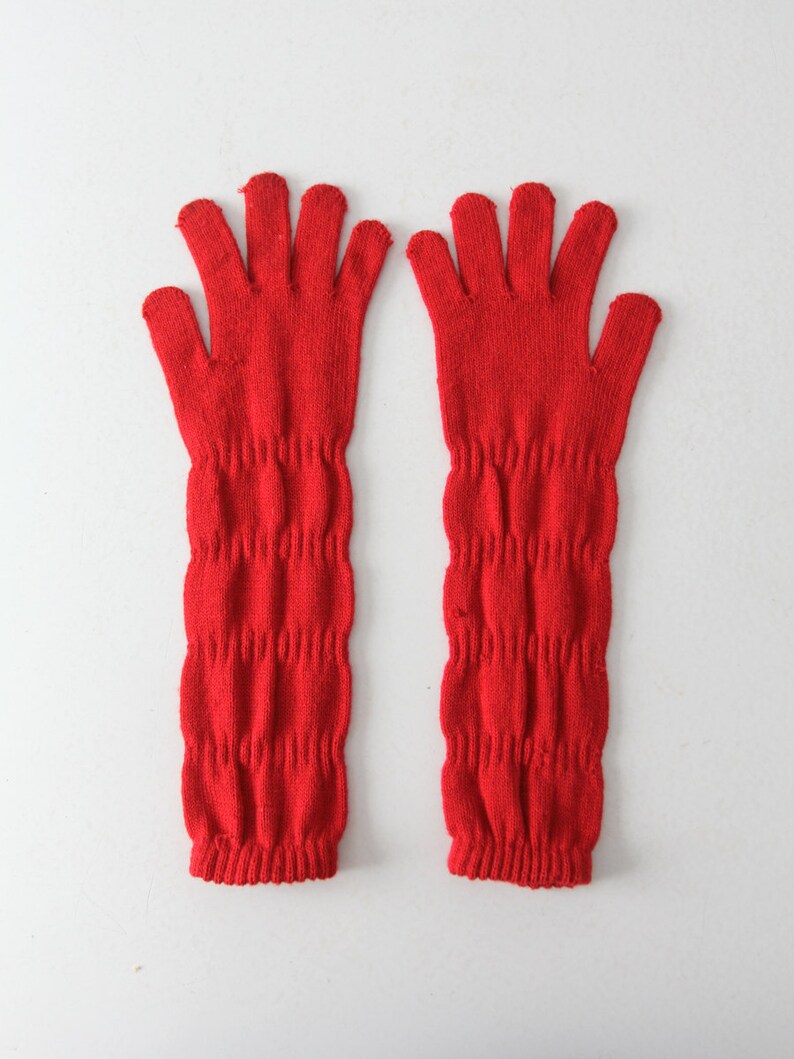 Vintage Red Knit Gloves Pleated Long Gloves Ruched Knit Etsy