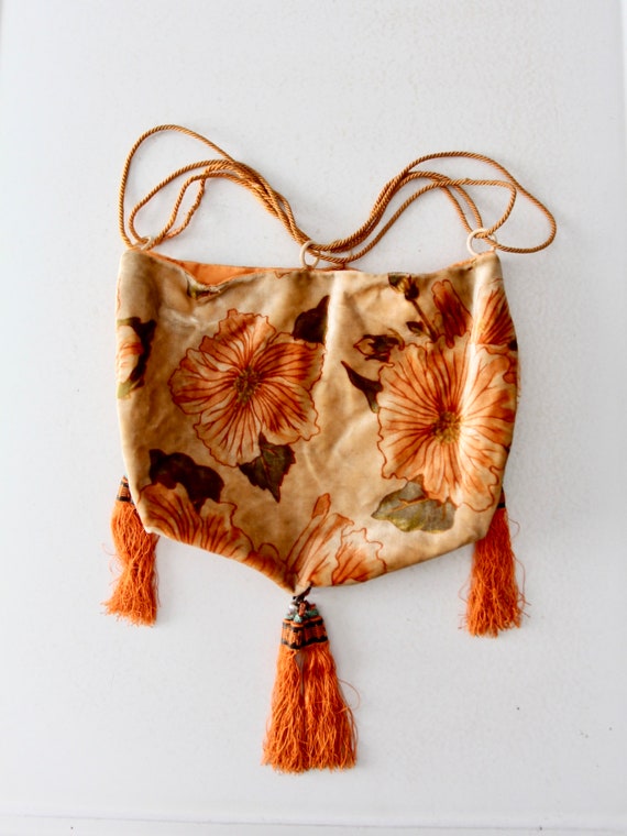 vintage velvet handbag, floral drawstring tassel … - image 5