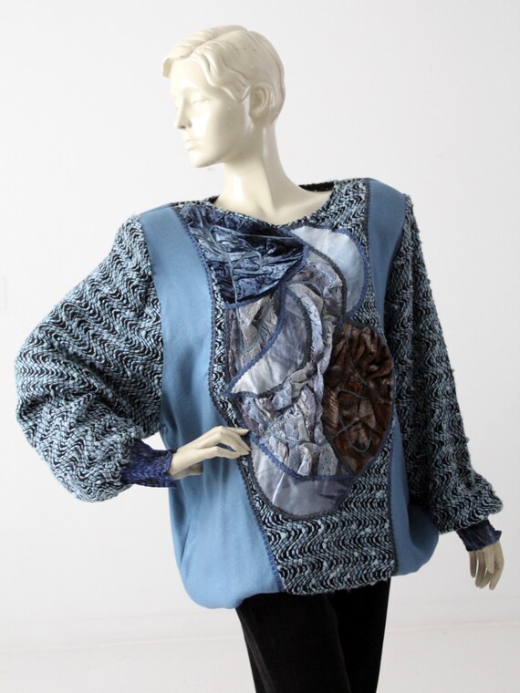 1980s velour patchwork blouse , oversize blue top - image 6