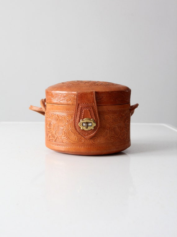 vintage 50s tooled leather pillbox handbag - image 2