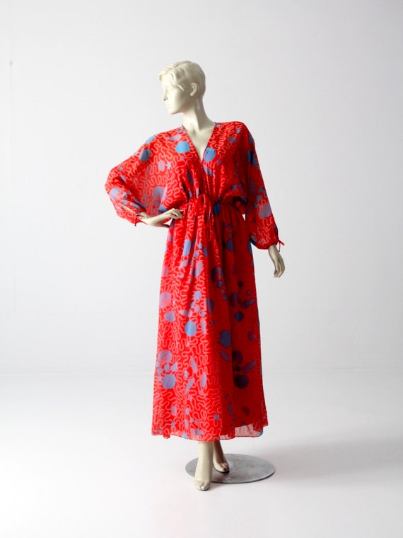 1970s Zandra Rhodes dress, boho print red maxi dr… - image 1