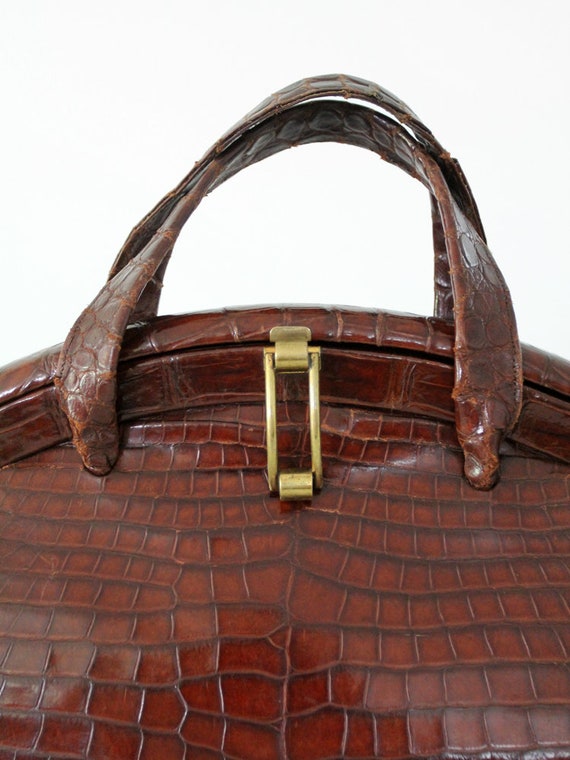 vintage 50s reptile leather bag, frame top handle… - image 2