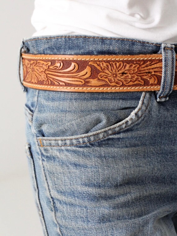vintage 70s tooled leather belt with geometric bu… - image 4