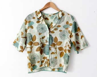 1950s silk blouse, vintage floral button up shirt