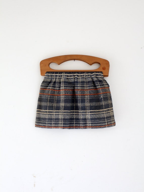 1940s plaid knitting bag, vintage barkcloth purse