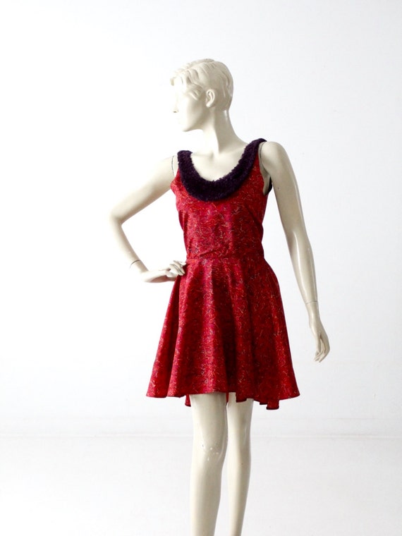 vintage paisley mini dress with faux fur collar, b