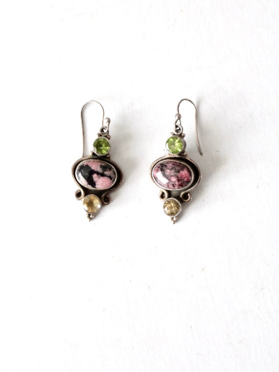 vintage rhodonite & sterling silver drop earrings