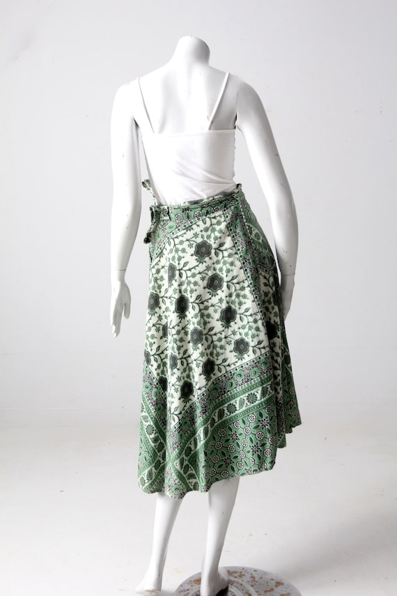 vintage 70s wrap skirt, boho green block print sk… - image 2