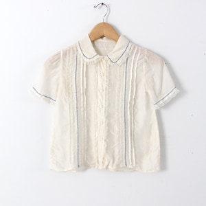 1920s silk blouse, cream pin tuck lace button up top xs
