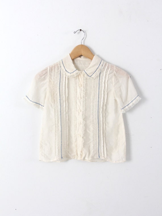 1920s silk blouse, cream pin tuck lace button up … - image 1