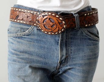 vintage "Frank" western tooled leather belt,