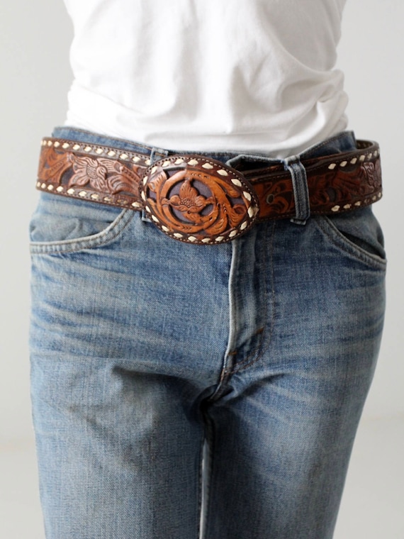 vintage "Frank" western tooled leather belt,