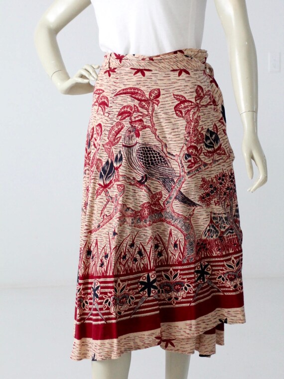 1970s vintage boho bird print cotton wrap skirt - image 2