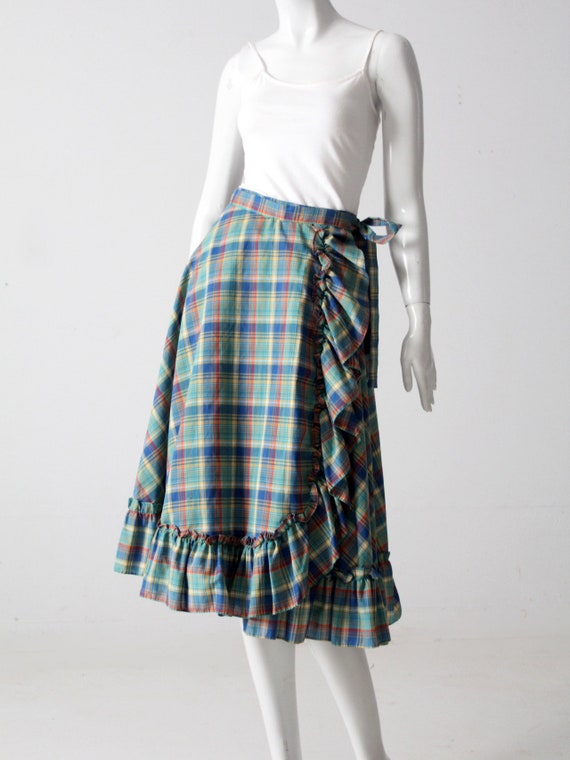 vintage 70s plaid ruffle wrap skirt - image 4