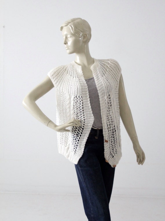 1980s crotchet vest, white sleeveless cardigan swe