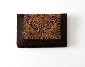 vintage tapestry wallet, fold over leather clutch