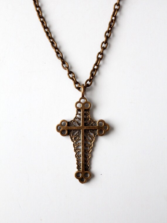 vintage cross pendant necklace, brass tone neckla… - image 3