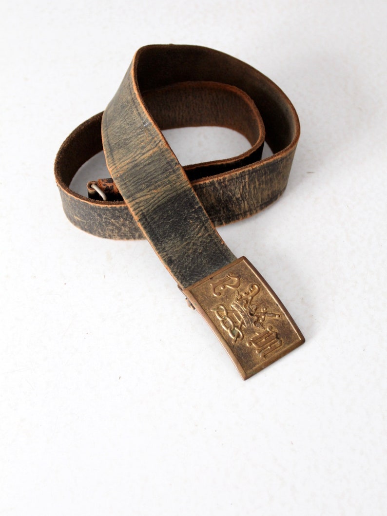 black leather belt with brass buckle vintage Odd Fellows belt and buckle