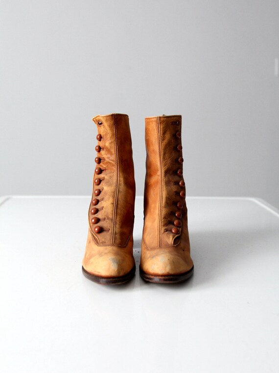 Edwardian leather boots - tan side button up boots - image 3