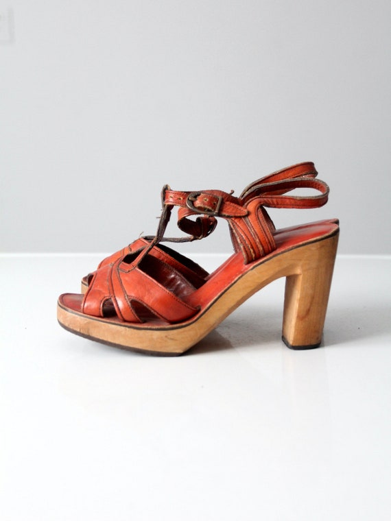 vintage 70s wood platform leather slingback sanda… - image 4