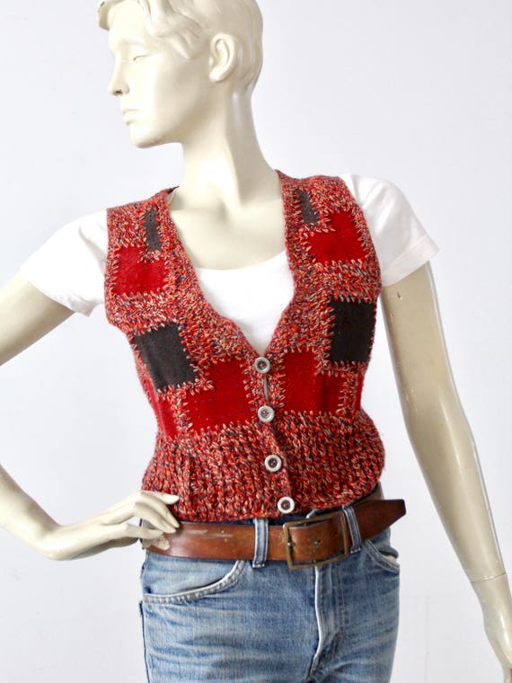 1970s sweater vest with suede, vintage patchwork t