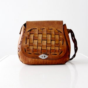 vintage 60s basket weave leather bag, hippie purse