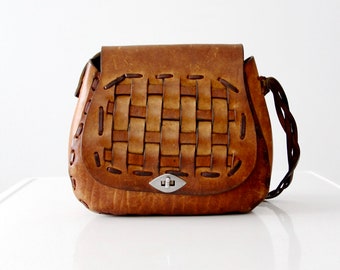 vintage 60s basket weave leather bag, hippie purse