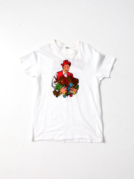 vintage 80s graphic tee, large white construction